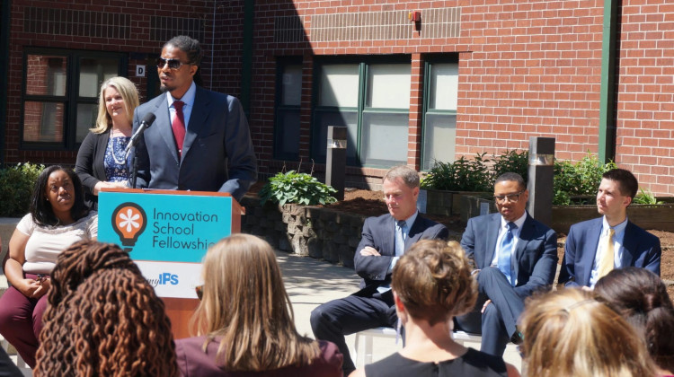 The Genius School was previously known as Ignite Achievement Academy and was part of the Indianapolis Public Schools' Innovation Network. Shy-Quon Ely II, co-founder of Ignite, speaks at the school's ceremonial opening Monday, July 17, 2016.  - Dylan Peers McCoy / Chalkbeat Indiana