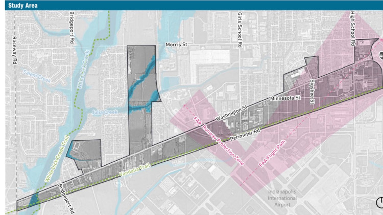 The West Washington St corridor study area is highlighted.  (Develop Indy)