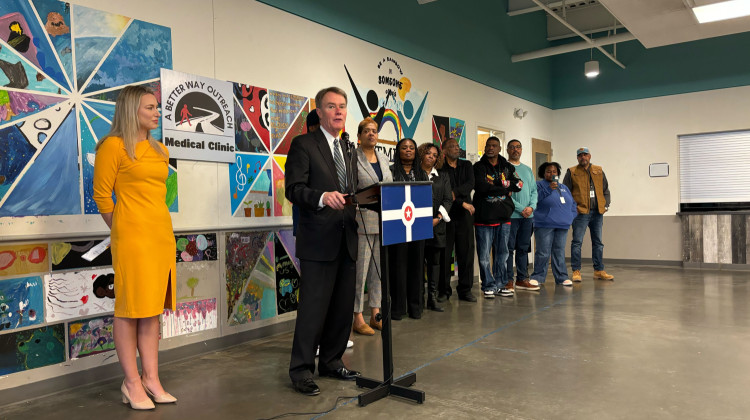 Mayor Joe Hogsett announces the fifth round of Elevation Grant recipients on April 3, 2024. The funds will provide 27 groups with more than 5 million dollars to address violence throughout Indianapolis. - Abriana Herron / WFYI