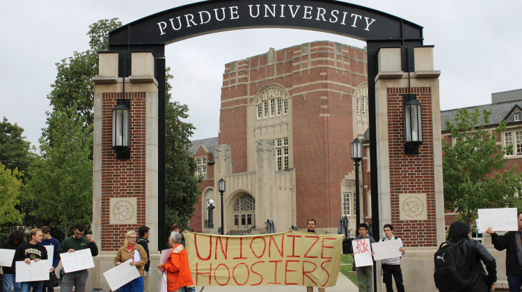 Purdue University student graduate workers held a rally in support of Indiana Universitys union Wednesday. - Ben Thorp/WBAA News