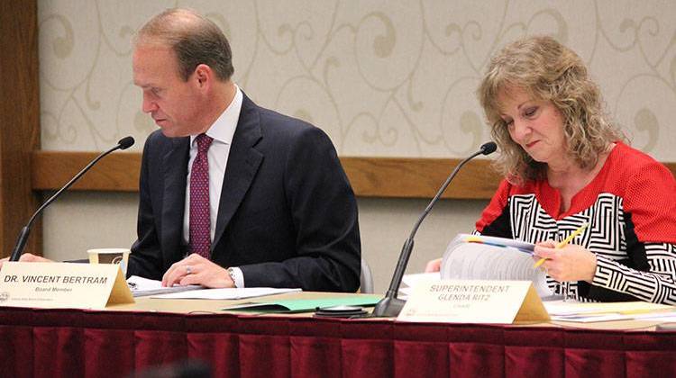 State Board of Education member Vince Bertram and state superintendent Glenda Ritz listen during the a meeting in June 2015.  - Rachel Morello/StateImpact Indiana