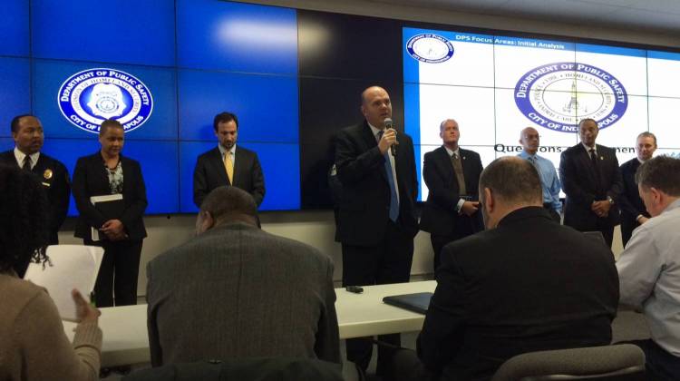 Department of Public Safety Director Troy Riggs and the eight DPS division directors announced their focus area goals for 2015. - Christopher Ayers/WFYI