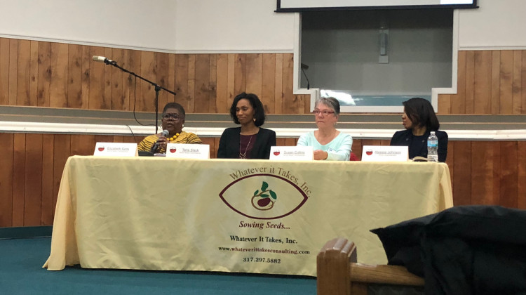 Left to right, commissioner Elizabeth Gore, Taria Slack, Susan Collins, and interim Superintendent Aleesia Johnson spoke at the public meeting. - Carter Barrett/WFYI