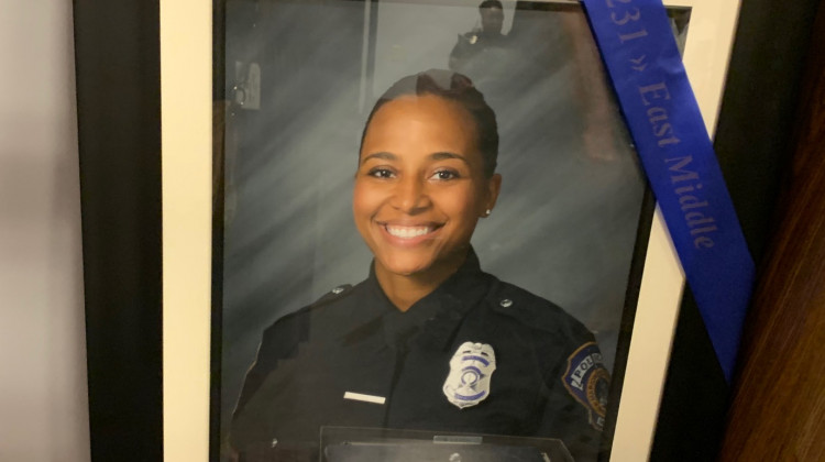 A framed picture of fallen IMPD Officer Breann Leath.  - Jill Sheridan WFYI