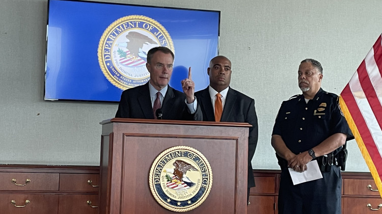 Indianapolis Mayor Joe Hogsett, U.S. Attorney Zachary Myers and IMPD Chief Randal Taylor speak at a 2023 press conference where the attorney positions were announced. - Katrina Pross/WFYI News
