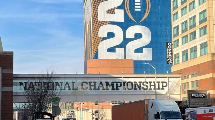 Banners for the game hang in Indianapolis. (Jill Sheridan WFYI)