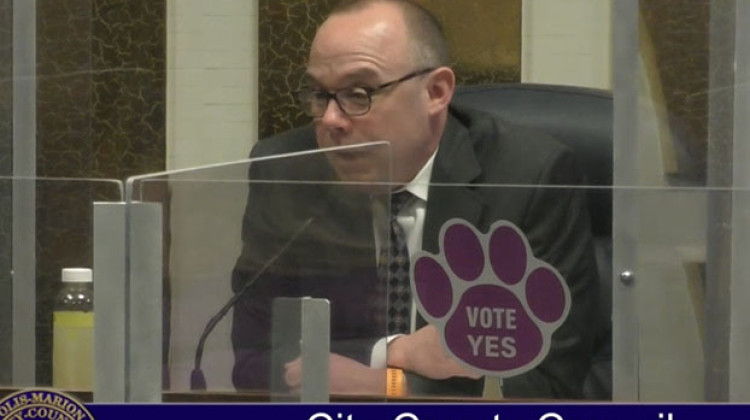 Indianapolis City-County Councilor John Barth co-sponsored the measure to ban the pet store sales of cats, dogs, and rabbits. - Meeting screenshot