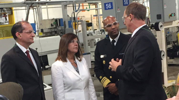 Secretary of Labor Alex Acosta, Second Lady Karen Pence and U.S. Surgeon General Jerome Adams tour the Belden plant in Richmond. - Jill Sheridan/IPB News