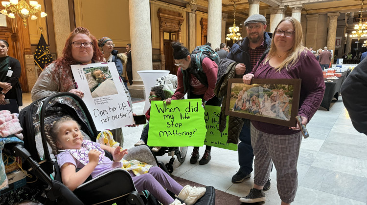 Protesters gathered at the Indiana Statehouse on Jan. 22, 2024 to rally against proposed changes to Medicaid. To plug a budget gap, the state is proposing to end payments to legally responsible individuals who care for family members with disabilities. - Elizabeth Gabriel/WFYI News