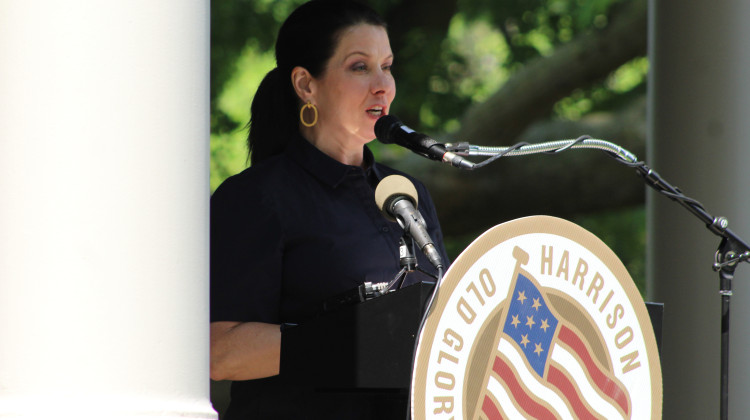 Indiana First Lady Janet Holcomb speaks at the dedication for the renovated Benjamin Harrison Presidential Site - WFYI News/Ben Thorp