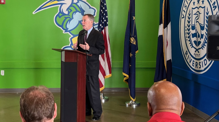 Indianapolis Mayor Joe Hogsett announced a package of infrastructure changes at the Vision Academy. (Jill Sheridan/WFYI)