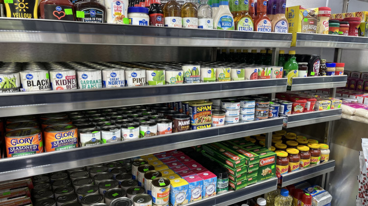 Stocked shelves aboard the Fresh for You Market on Wheels. (Jill Sheridan/WFYI)