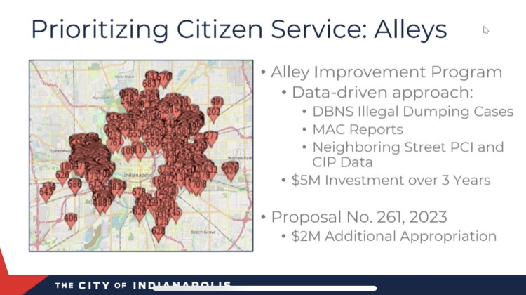 A slide from the budget presentation shows the alleys that may be targeted. (Jill Sheridan/WFYI)