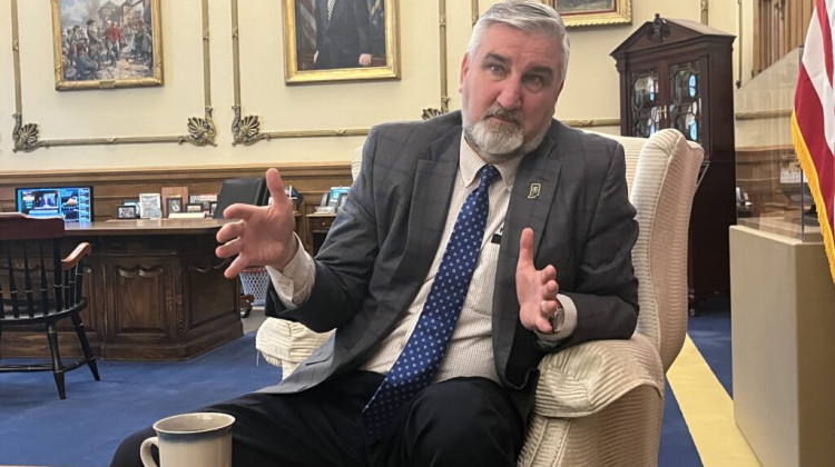 Gov. Eric Holcomb talks about the proposed IEDC pipeline and whether he’ll endorse anybody for governor in 2024. - Whitney Downard/Indiana Capital Chronicle