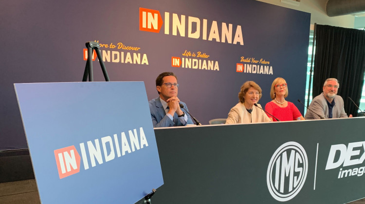 From left, Indianapolis Motor Speedway President Doug Boles, Indiana Destination Development Corporation Secretary Elaine Bedel, Lt. Gov. Suzanne Crouch and Gov. Eric Holcomb help unveil the state's new tourism marketing campaign. - Brandon Smith/IPB News