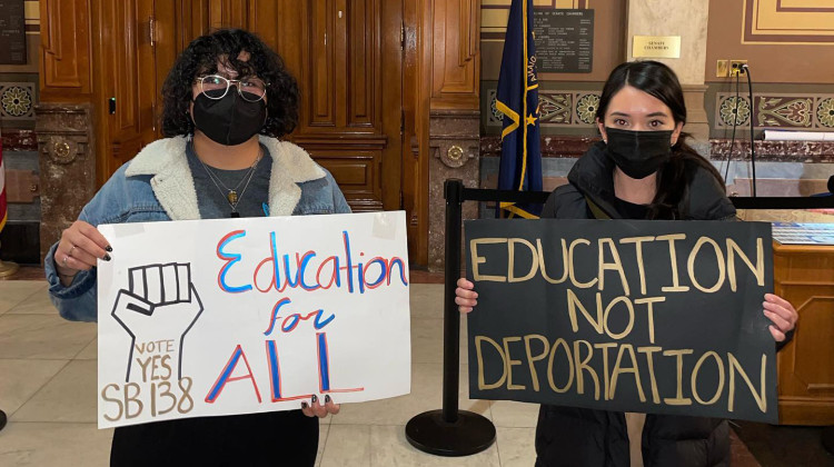 Mari Luna and Wendy Catalan, left to right, of the Indiana Undocumented Youth Alliance advocate for the passage of a bill to change the state's tuition law at the Statehouse during the 2022 legislative session.  - Indiana Undocumented Youth Alliance / Instagram