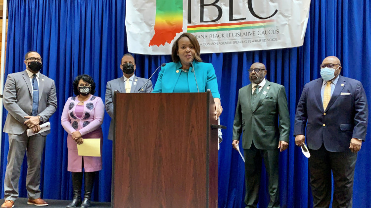 Indiana Black Legislative Caucus Chair Robin Shackleford (D-Indianapolis), center, is flanked by other members of her organization. - (Brandon Smith/IPB News)