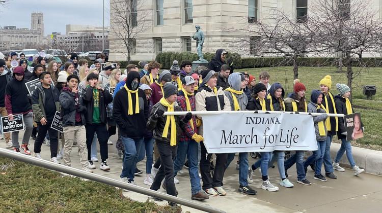 Hundreds of abortion rights opponents gathered in Indianapolis Tuesday, marching through downtown Indianapolis and gathering for a rally at the Statehouse. - Darian Benson/WFYI News
