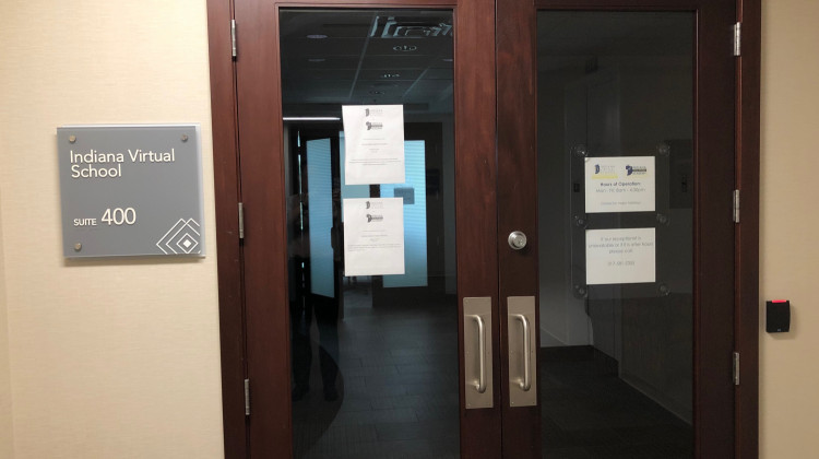 The locked doors of the Indiana Virtual School business office, 500 E. 96th St. in Indianapolis. - Eric Weddle/WFYI News