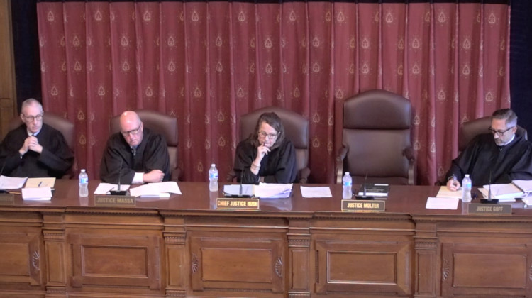 Indiana Supreme Court justices take turns asking questions from the bench at the hearing for the case on Sept. 15. - Screenshot Of Indiana Supreme Court Livestream