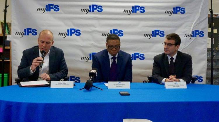 Indy Chamber CEO Michael Huber, IPS Superintendent Lewis Ferebee, and IPS Board President Michael O'Connor during a press briefing Monday, March 5, 2018. - Dylan McCory / Chalkbeat Indiana