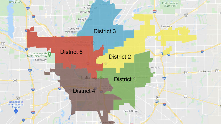 The districts of the Indianapolis Public Schools Board of Commissioners in Marion County.  - Google Maps/WFYI News