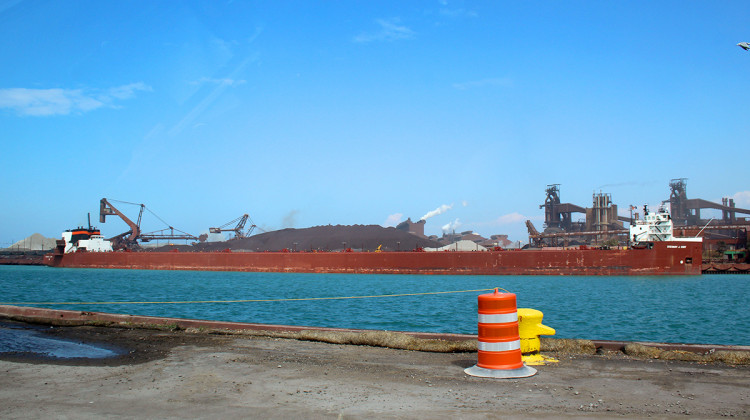 A semi-automated “laker” ship, the Stewart Cort, offloads iron ore at the steel-maker ArcelorMittal across from the Port of Indiana-Burns Harbor. - FILE PHOTO: Annie Ropeik/IPB News