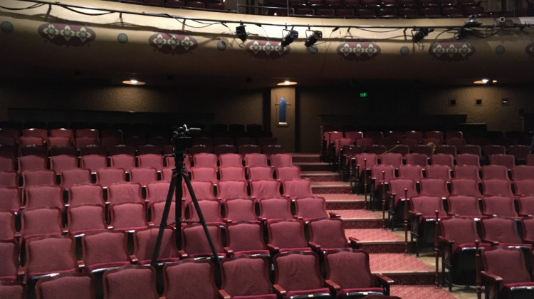 A camera stands among the empty seats at the Indiana Repertory Theatre.