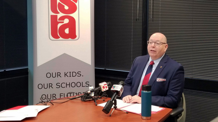 Indiana State Teachers Association President Keith Gambill speaks at a 2019 press conference. - Indiana Public Broadcasting