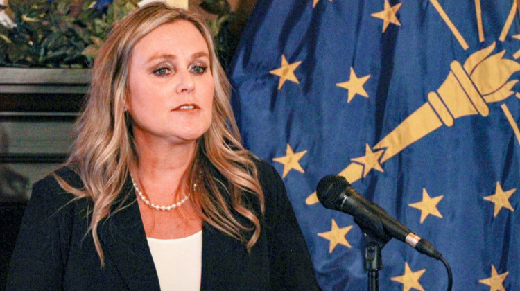 Former State Superintendent of Public Instruction Jennifer McCormick talks during the launch of her campaign for governor in May 2023. McCormick, who served in office as a Republican, is running as a Democrat. - Brandon Smith / IPB News