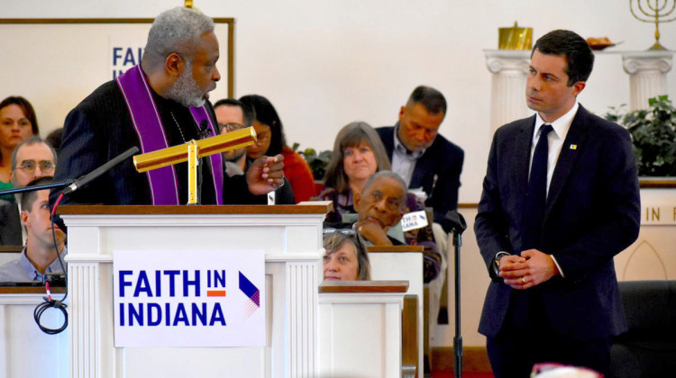 Rev. Gilbert Washington asks South Bend Mayor Pete Buttigieg questions on behalf of Faith in Indiana. - Justin Hicks/IPB News