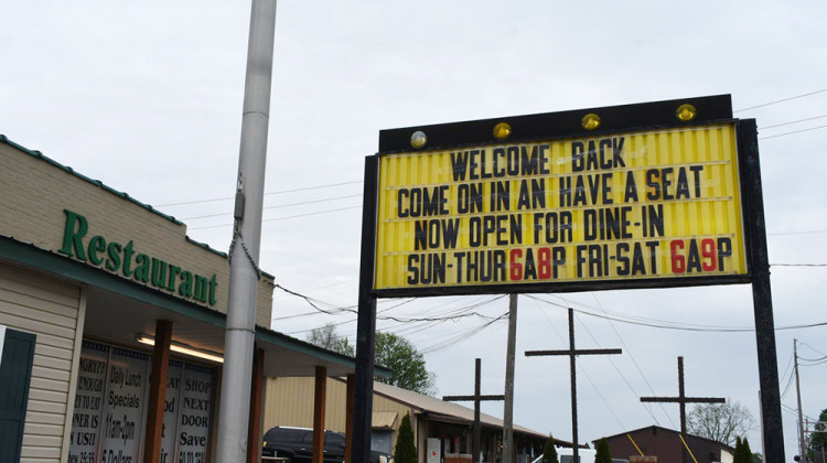 A sign outside the Liberty Bell Restaurant in Liberty, Indiana welcomes customers back after closing briefly in accordance with Indiana's COVID-19 regulations. - FILE PHOTO: Justin Hicks/IPB News