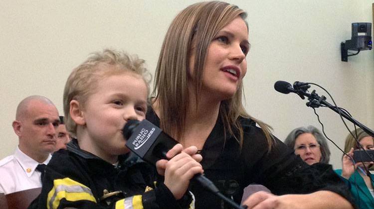 Laura McLinn and her 5-year-old son Jordan, who has has Duchenne Muscular Dystrophy, testified before the Senate committee. - Brandon Smith