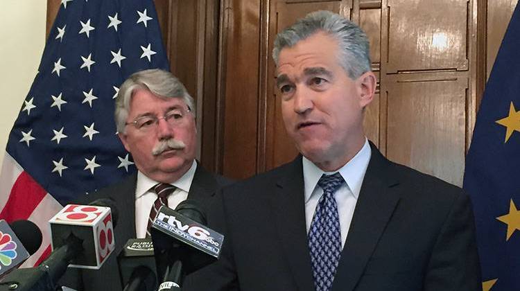U.S. Attorney for Indiana's Southern District Josh Minkler (speaking) and Attorney General Greg Zoeller at the Statehouse Thursday. - Brandon Smith