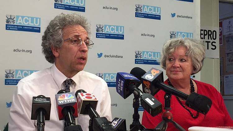 Ken Falk, of ACLU of Indiana, and Betty Cockrum, CEO of Planned Parenthood of Indiana and Kentucky, during a press conference Thursday. - Brandon Smith/IPBS