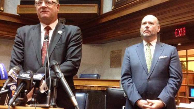 Indiana Senate President Pro Tem David Long and House Speaker Brian C. Bosma give their responses to Gov. Mike Pence's State of the State address at the Indiana Statehouse Tuesday, Jan. 13, 2015. - Brandon Smith/Indiana Public Broadcasting
