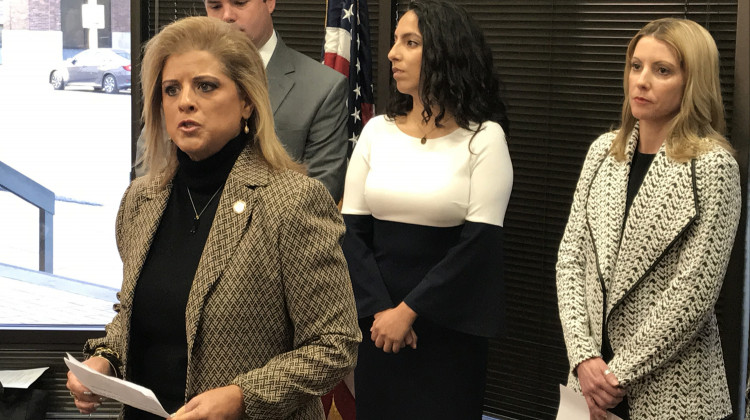 Rep. Mara Candelaria Reardon (D-Munster) speaks to reporters in October after a special prosecutor declined to bring charges against Attorney General Curtis Hill. -  Brandon Smith/IPB News, file