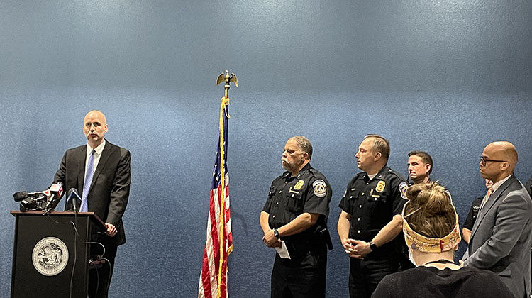 Marion County Prosecutor Ryan Mears speaks at a press conference on March 8, 2022 with Indianapolis police officials.  - Katrina Pross/WFYI