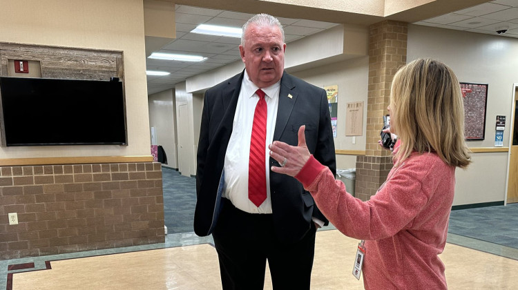 Patrick Mapes was appointed as the superintendent of Hamilton Southeastern Schools on Feb. 28 by the district board of trustees. Mapes is seen visiting an HSE school in February 2024. - Hamilton Southeastern Schools
