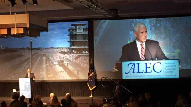 Indiana Gov. Mike Pence, the Republican candidate for vice president, gives a keynote address to ALEC, the American Legislative Exchange Council, at the JW Marriott in downtown Indianapolis on Friday July 29, 2016. - Eric Weddle / WFYI Public Media