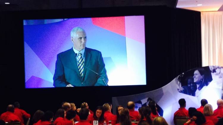Gov. Mike Pence speaks at the Charter Schools USA 2015 summit at The Weston in Indianapolis, Tuesday, July 28, 2015. - Eric Weddle / WFYI Public Media