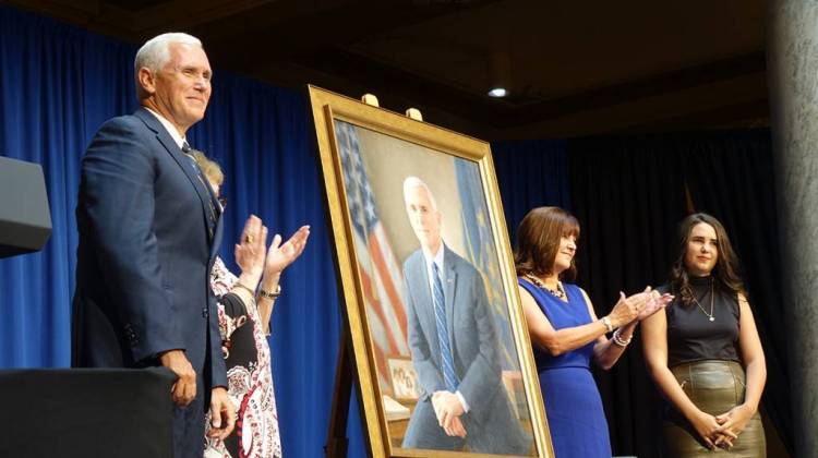 Vice President Mike Pence, his mother, wife Karen, and youngest daughter unveil his gubernatorial portrait. - Lauren Chapman/IPB