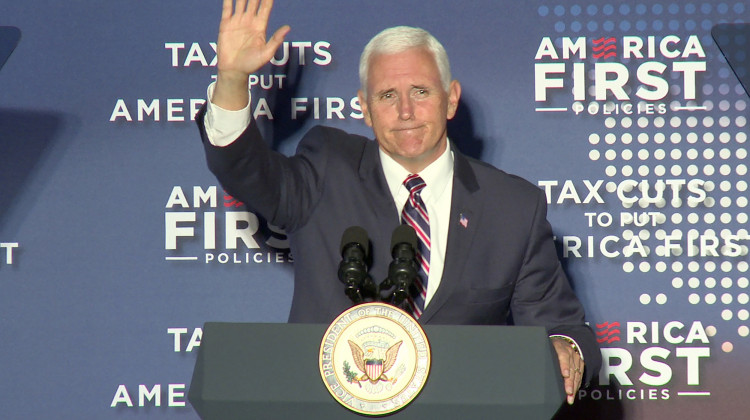 Vice President Mike Pence waves to a cheering crowd in Indianapolis. (Lauren Chapman/IPB News)
