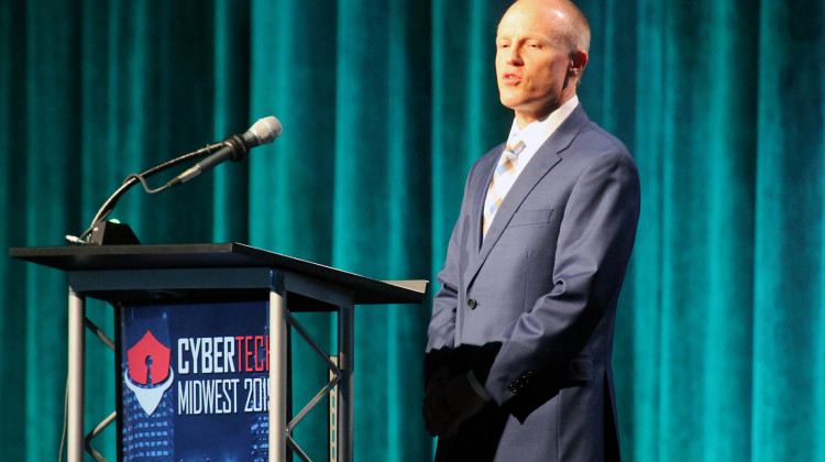 Rolls-Royce president of defense programs, Phil Burkholder, announces a new partnership with Purdue University to improve cybersecurity training at the Cybertech Midwest conference in Indianapolis. - Lauren Chapman/IPB News