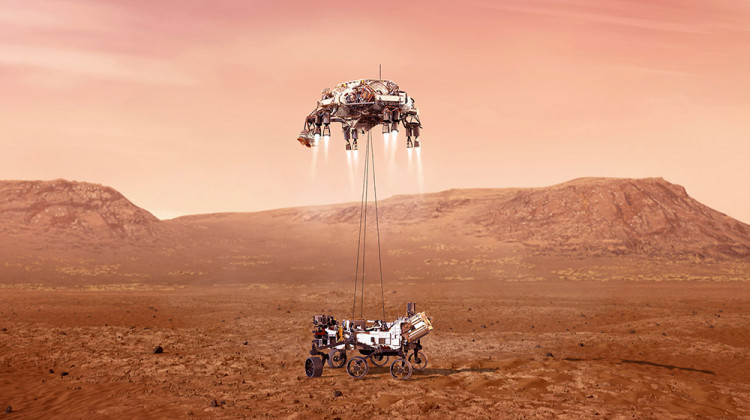 An illustration of NASA’s Perseverance rover landing on Mars. - NASA/JPL-Caltech