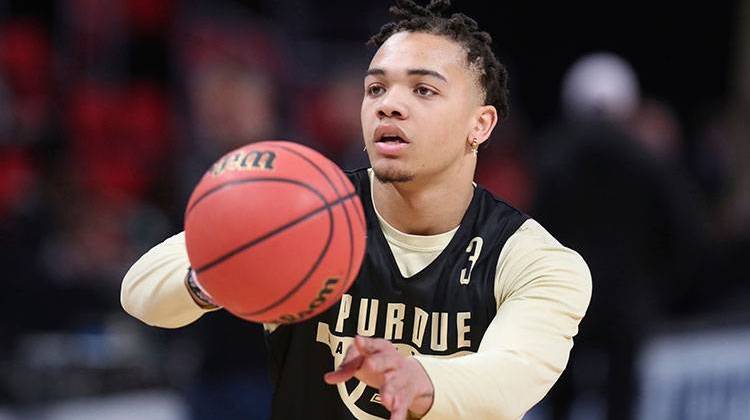 Purdue guard Carsen Edwards passes during a practice session for an NCAA men's college basketball tournament first-round game, Thursday, March 15, 2018, in Detroit. Purdue plays Cal State Fullerton in the first round on Friday.  - AP Photo/Carlos Osorio