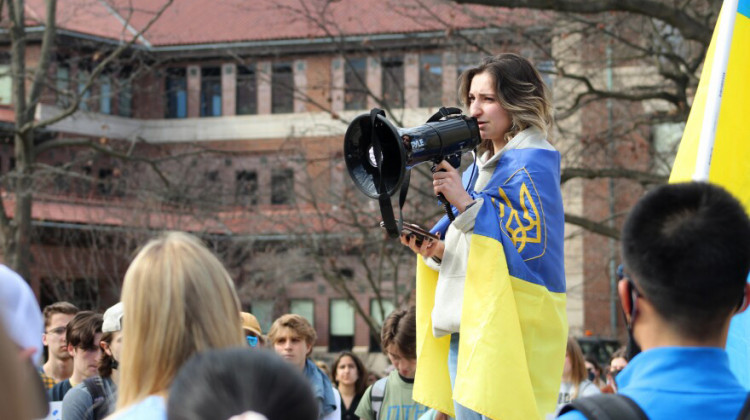 Purdue student Sasha Marcone speaking at the march on Wednesday. - Ben Thorp/WBAA News