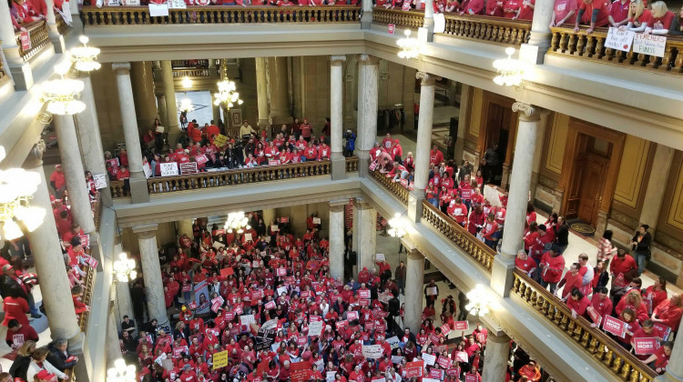 Teachers and public education advocates have hosted massive rallies at the statehouse in recent years to push lawmakers to take action on teacher pay, something Gov. Eric Holcomb has insisted will be addressed statewide in 2021. - Jeanie Lindsay/IPB News