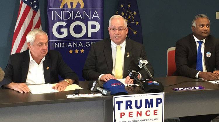 Indiana GOP chair Jeff Cardwell sits between the Trump-Pence campaign's Rex Early and Tony Samuel. - Brandon Smith/IPBS