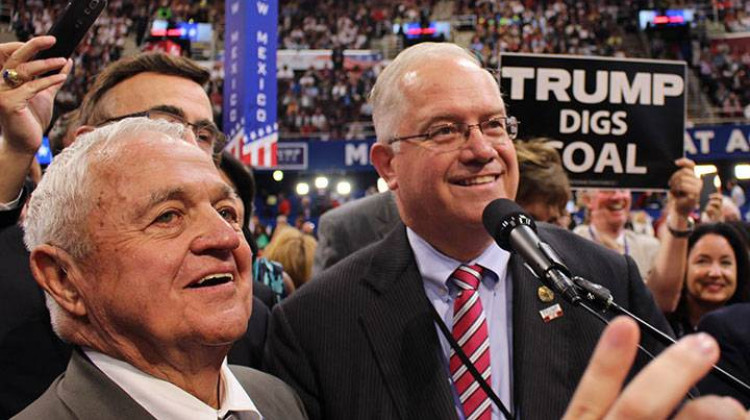FILE: Rex Early, Donald Trump's Indiana campaign chairman, left, stands beside Indiana Republican Party Chairman Jeff Cardwell as Indiana casts its votes for Trump at the 2016 Republican National Convention. - FILE PHOTO: Rachel Hoffmeyer/TheStatehouseFile.com